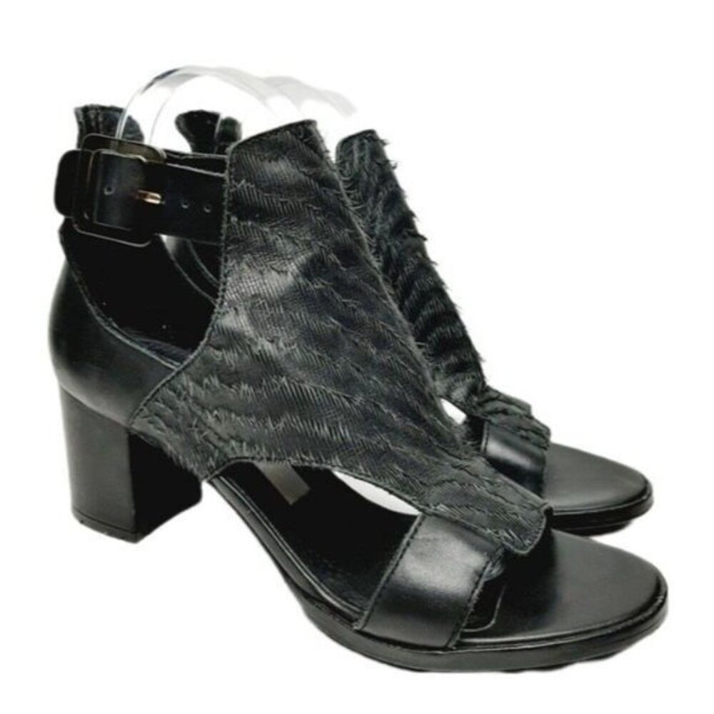 MIISTA London Ankle Heels Peep toe Sandals Fringe Panel Black Sz 7.5
